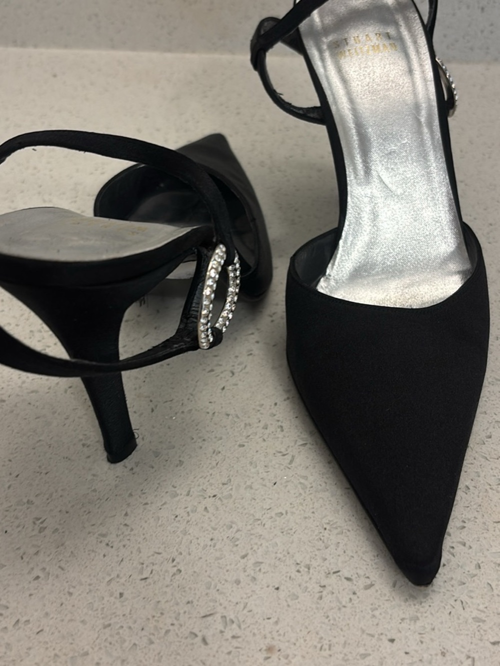 Stuart Weitzman Black Pointed Toe Rhinestone-Ankle Strap Heels
